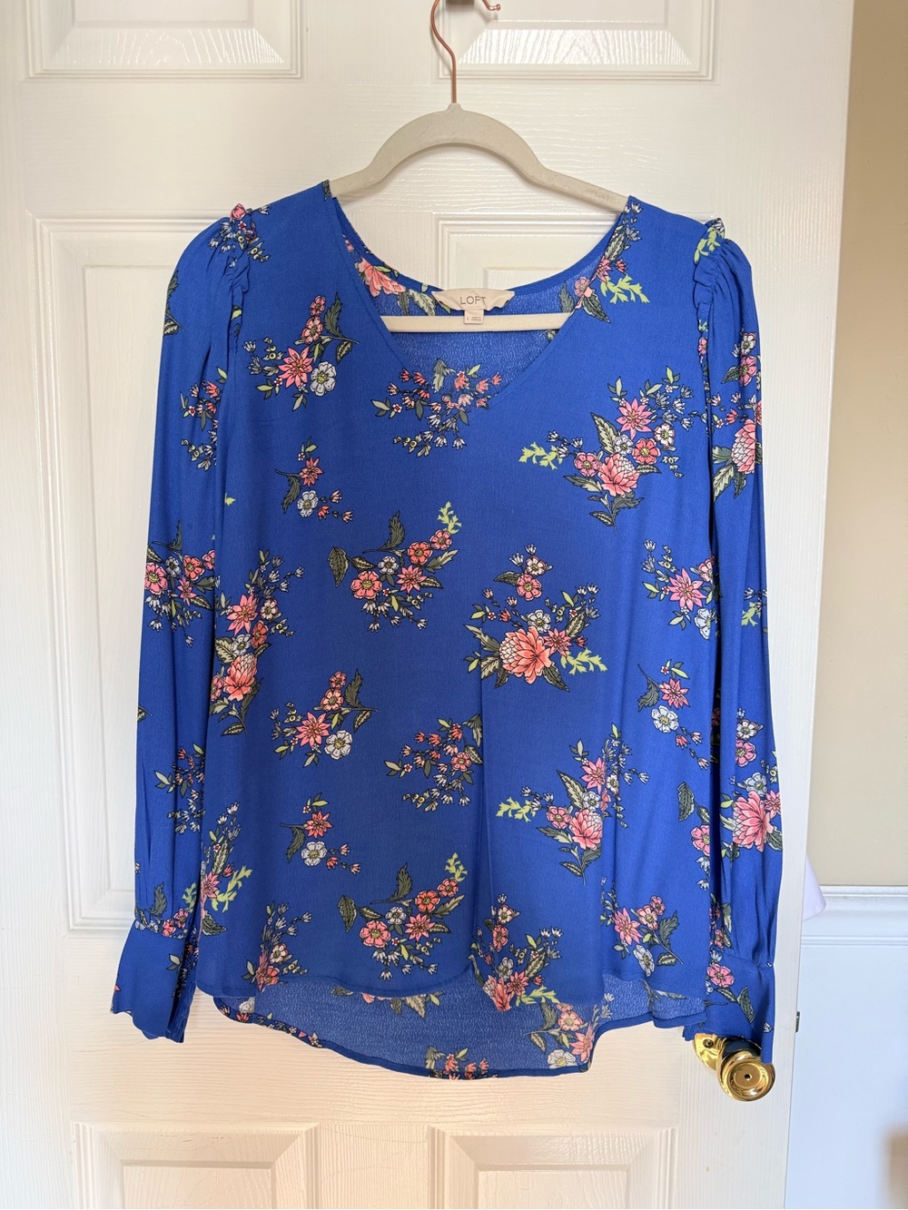 LOFT Bright Blue Floral V-Neck Long Sleeve Blouse